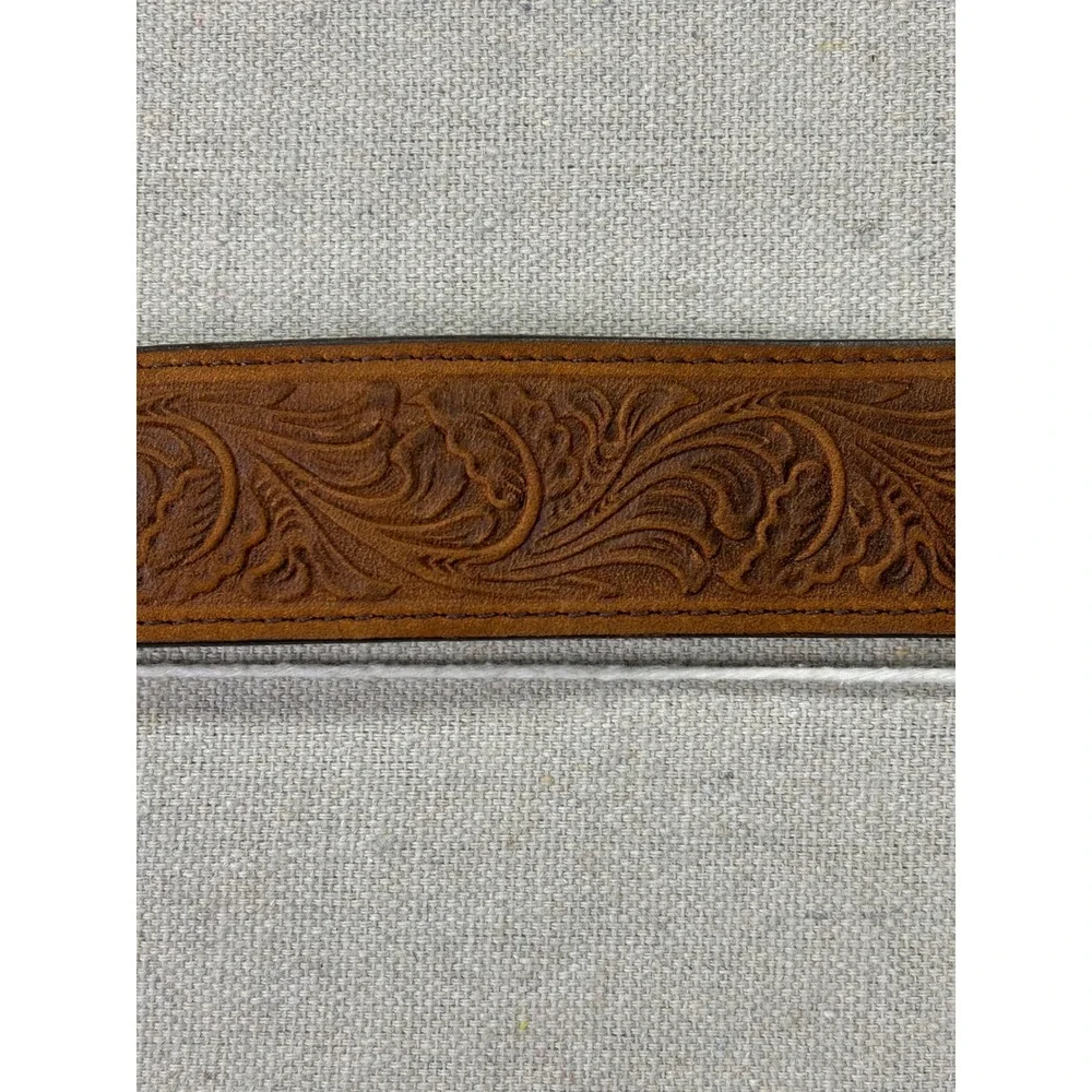 Tony Lama Mens Brown Tooled Leather Western Belt Turquoise Buckle 28 C50189 USA